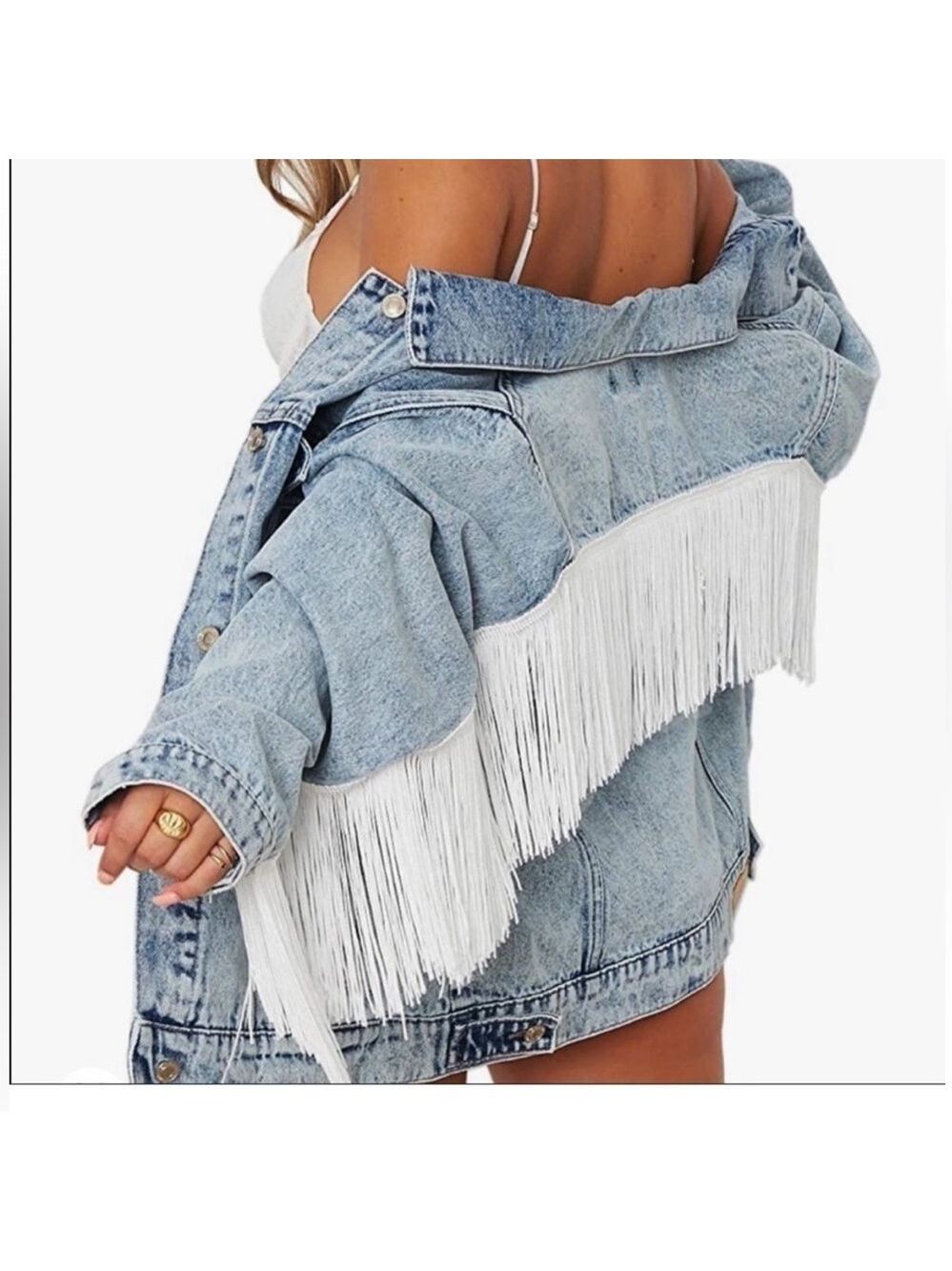 Eliacher Denim Jean Jacket Acid Blue Wash White Fringe Western Oversized NWT S